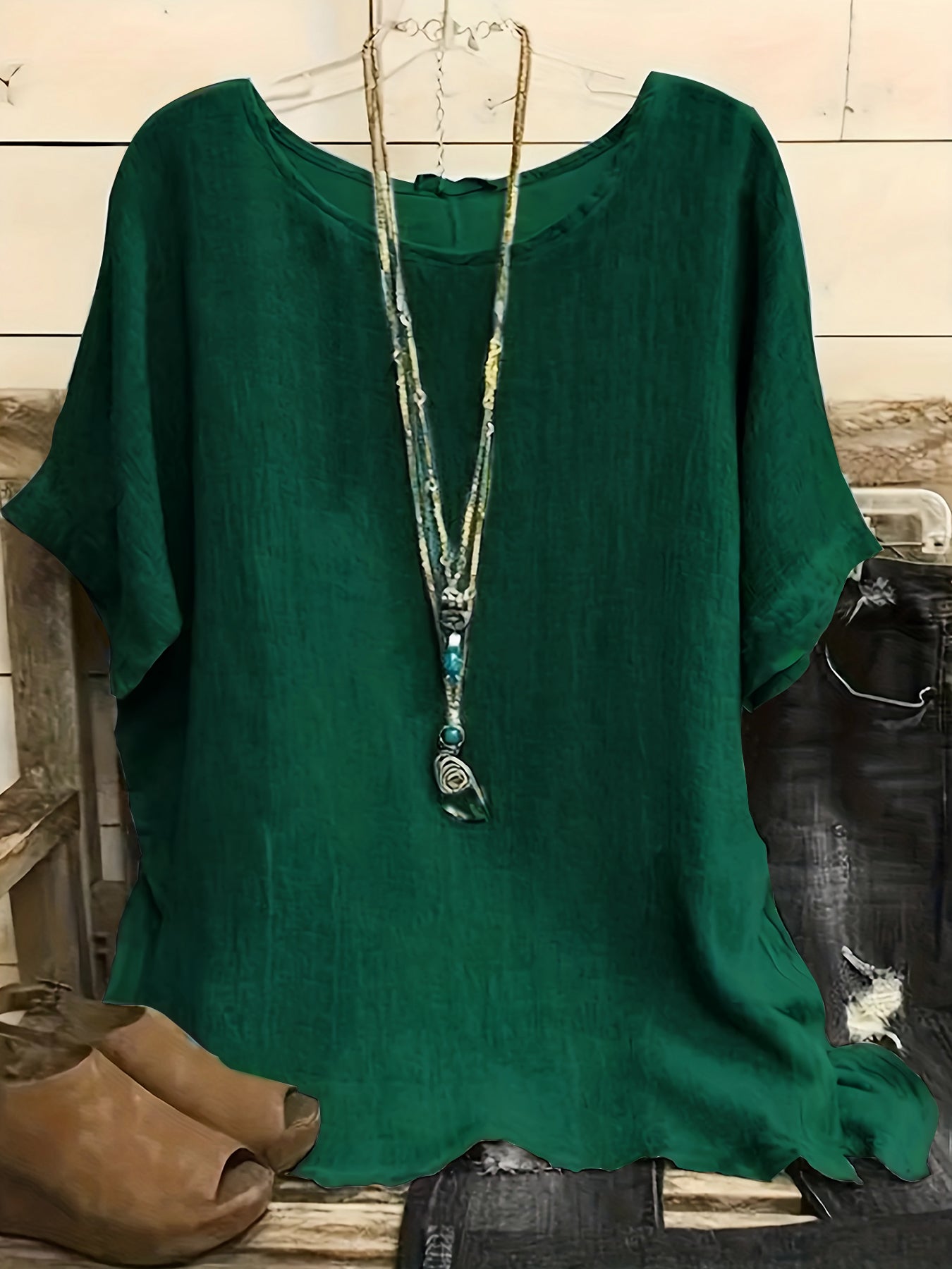 Women Fashion Casual Shirts Solid Color 3 4 Sleeve Round Neck Blouses Summer Loose Tops Streetwear
