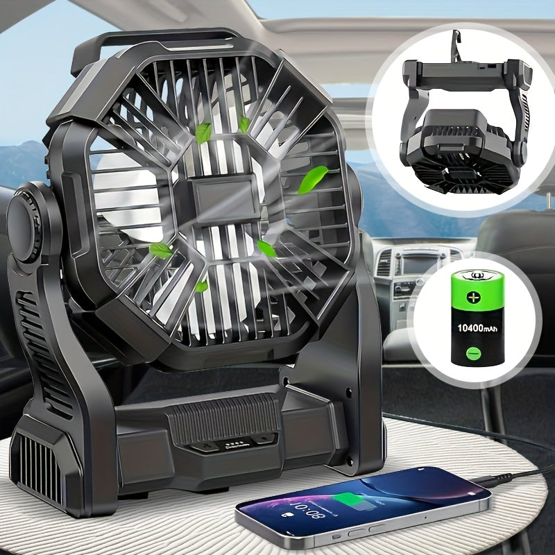 Three-in-One Battery Powered Camping Fan with LED Lantern, Timer and Rotating Base