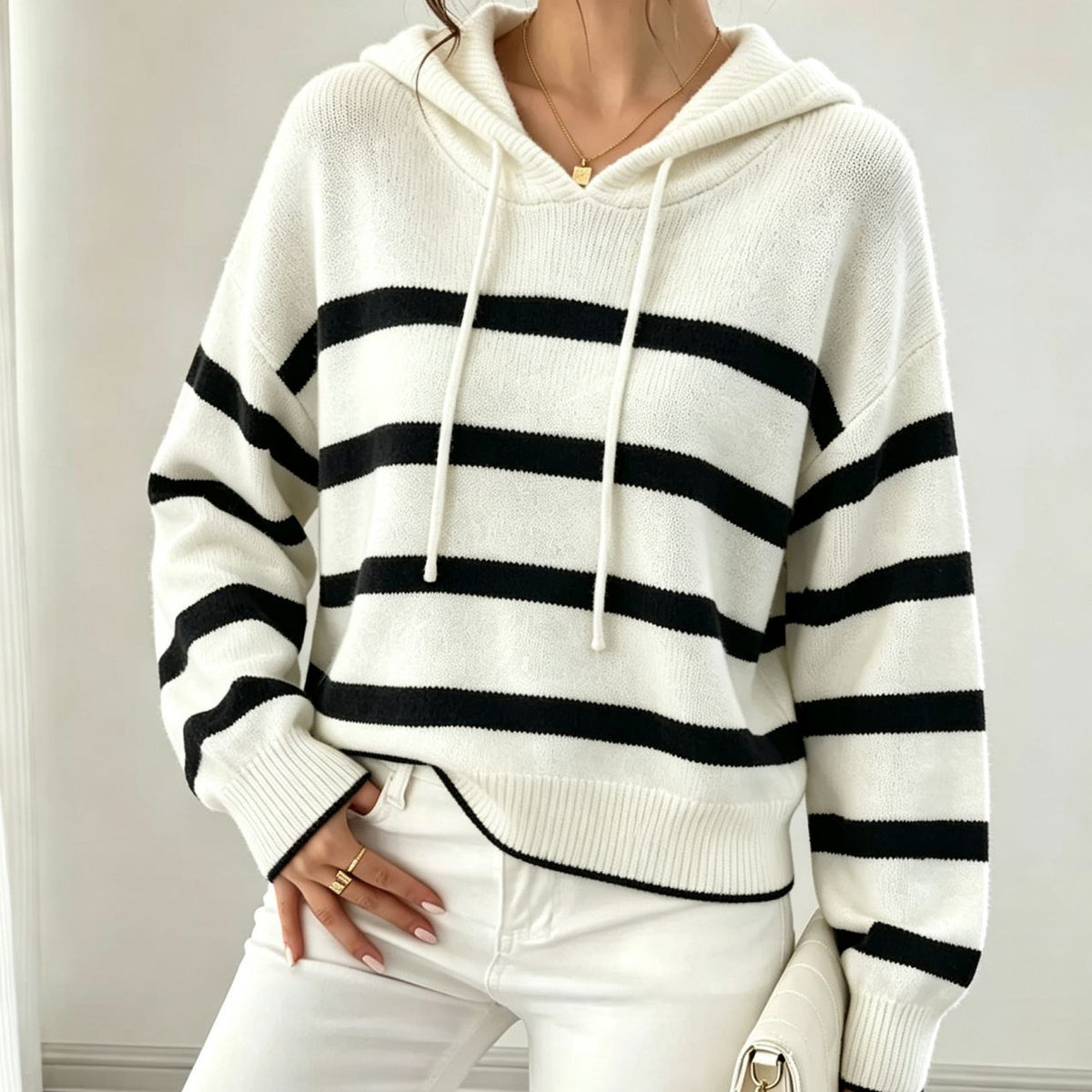 Womens Striped Knitted Hooded Pullover Sweater