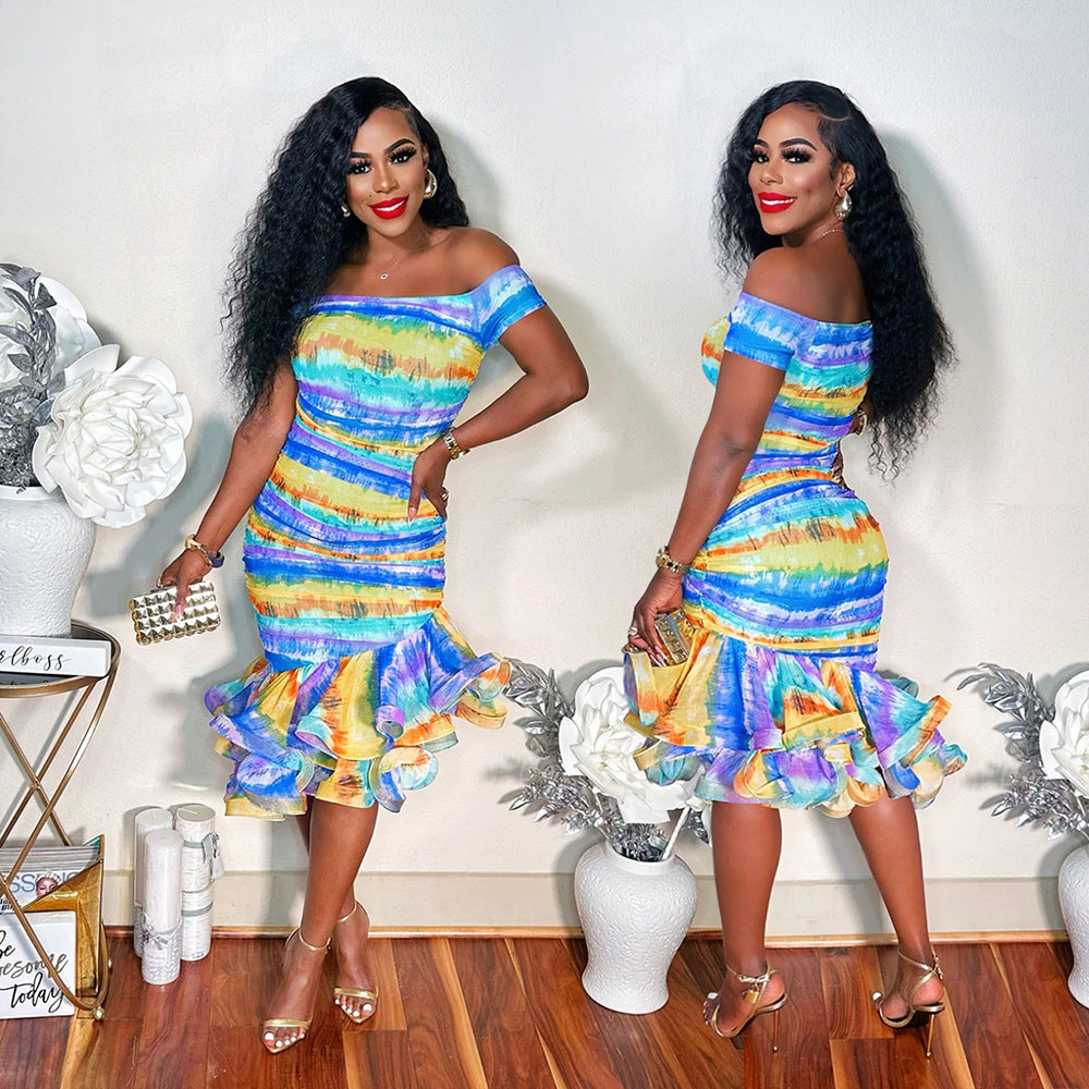 Fashion Off-shoulder Printed Ruffled Hem Dress for Women