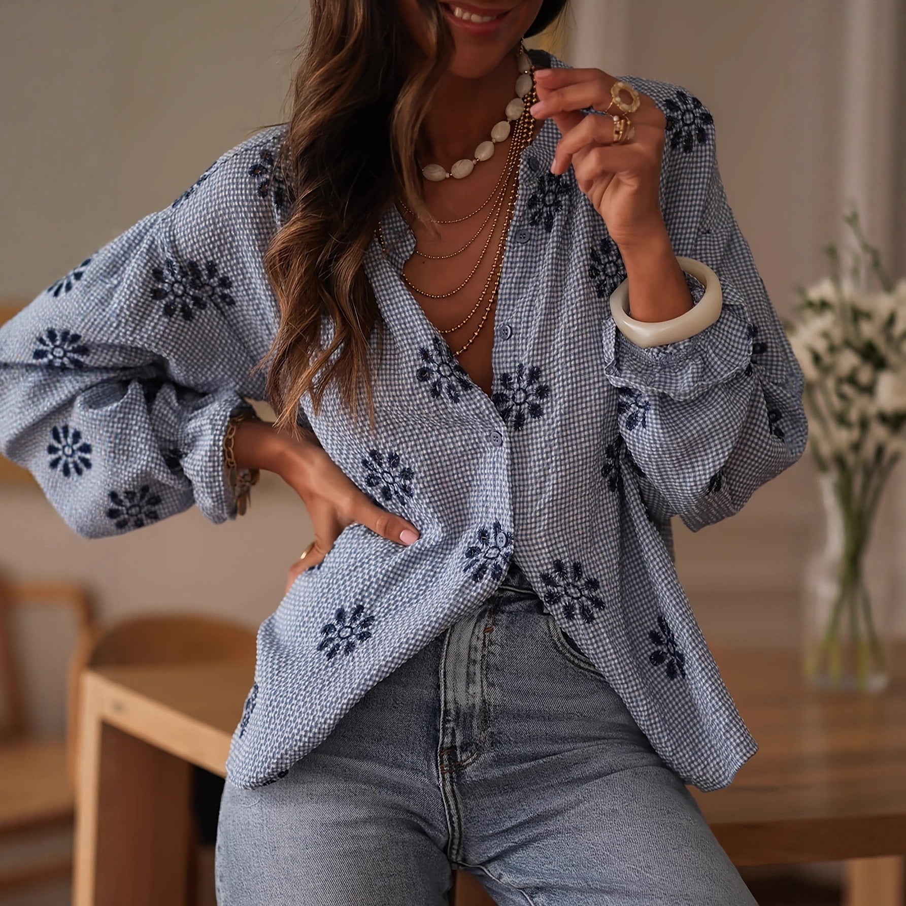 Women's Slimming Casual Loose-fitting Top With A Small Stand-up Collar