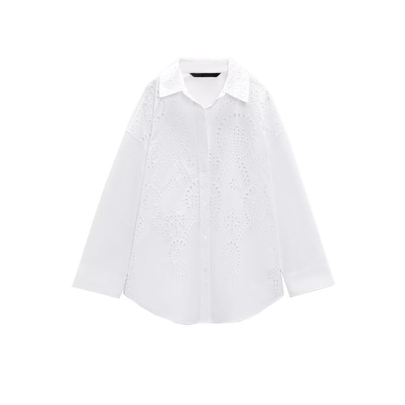 Long Sleeve Lapel Versatile Casual Top Hollow Embroidery Loose Shirt