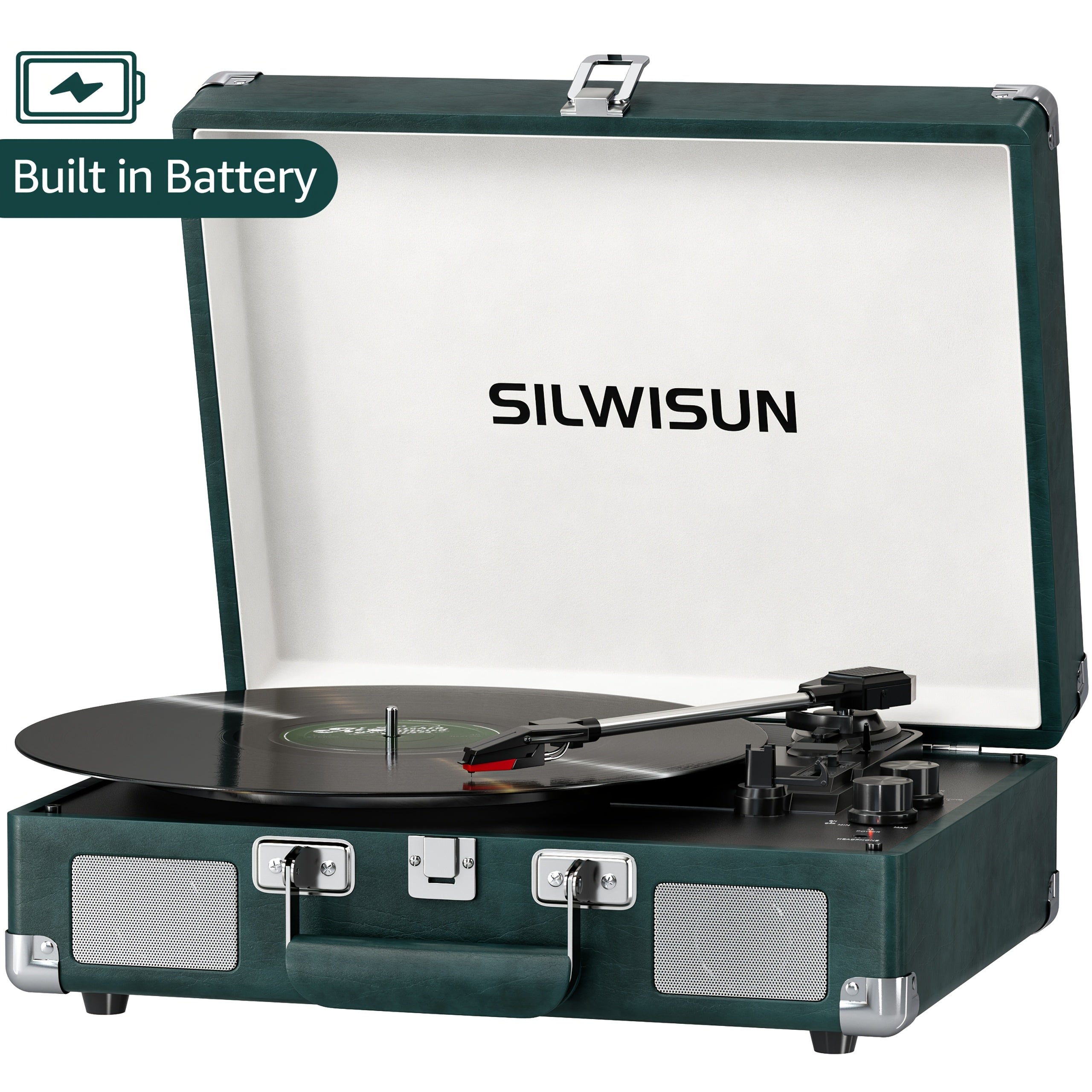 Portable Vinyl Record Player with Built‑In Speakers, Battery Powered, 3‑Speed Turntable, Wireless, Suitcase Design, 3.5 mm Headphone Jack, Aux In & RCA Out – Pink, Green, Brown, Black