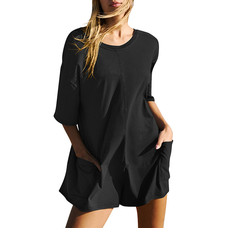 Women's Casual Crew Neck Short Sleeve Pocket Jumpsuit