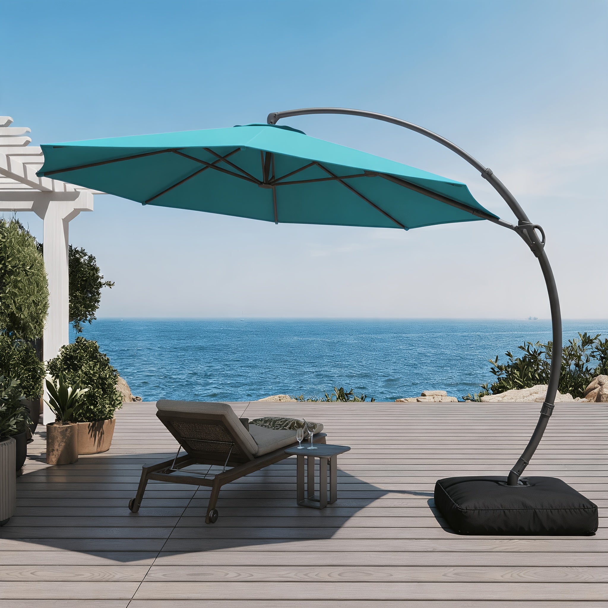 [360° Rotation] LAUSAINT HOME Outdoor Patio Umbrella with Base Included, 11ft Deluxe Curvy Cantilever Umbrella Heavy Duty Offset Hanging Umbrella with 360° Rotation for Market Pool Garden Backyard Deck Market