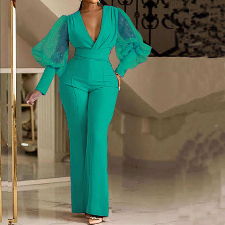 Mesh Long Sleeve Slim Wide Leg Jumpsuit