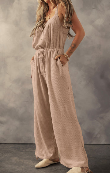 Pale Khaki Knotted Drawstring Textured Jumpsuit