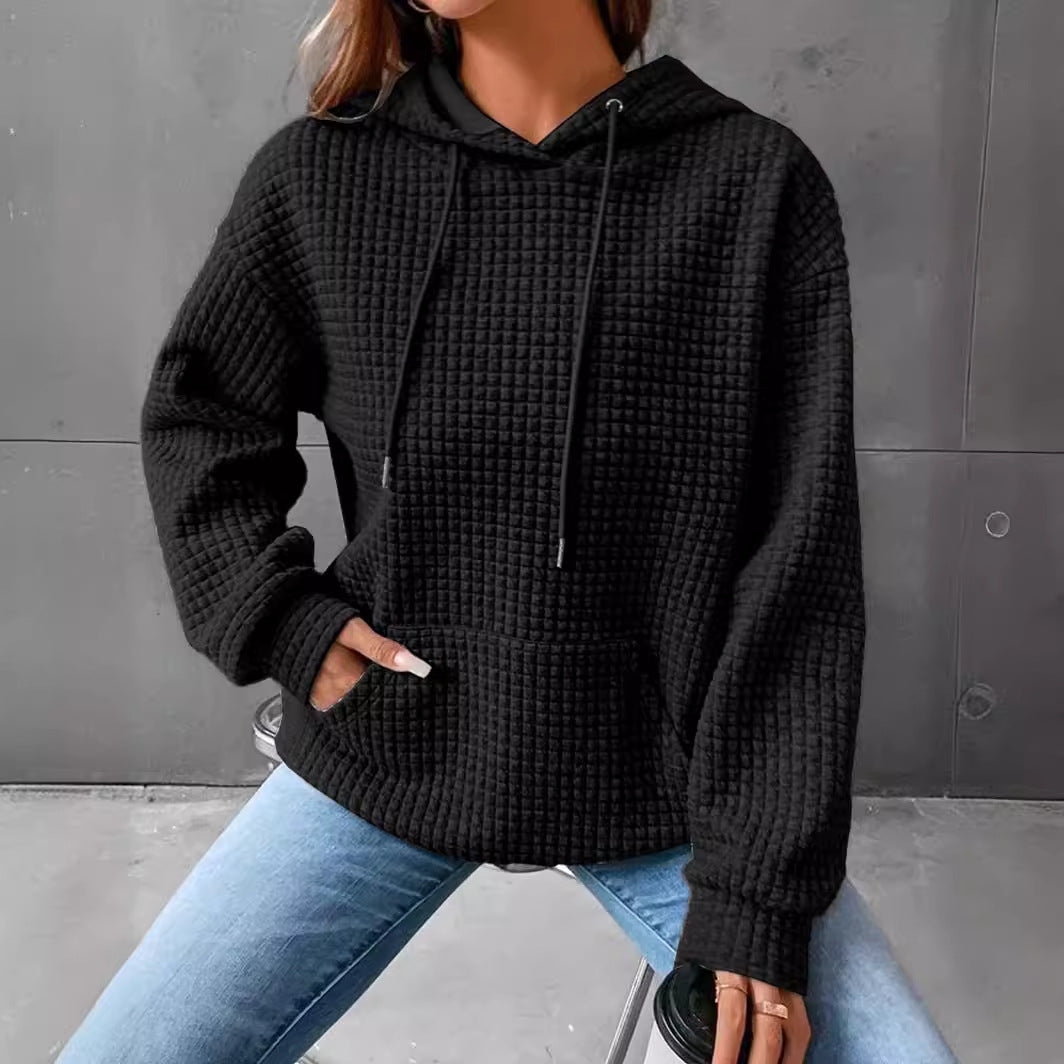 Women's Plaid Pocket Long Sleeve Solid Hoodie