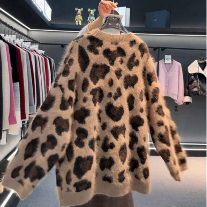 Leopard Print Thick Warm Coat Loose Lazy Knitted Cardigan Sweater