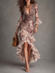 French-style Vintage Leopard-print Flared-sleeve Floral-lace Waist-cinching Asymmetrical Maxi Dress