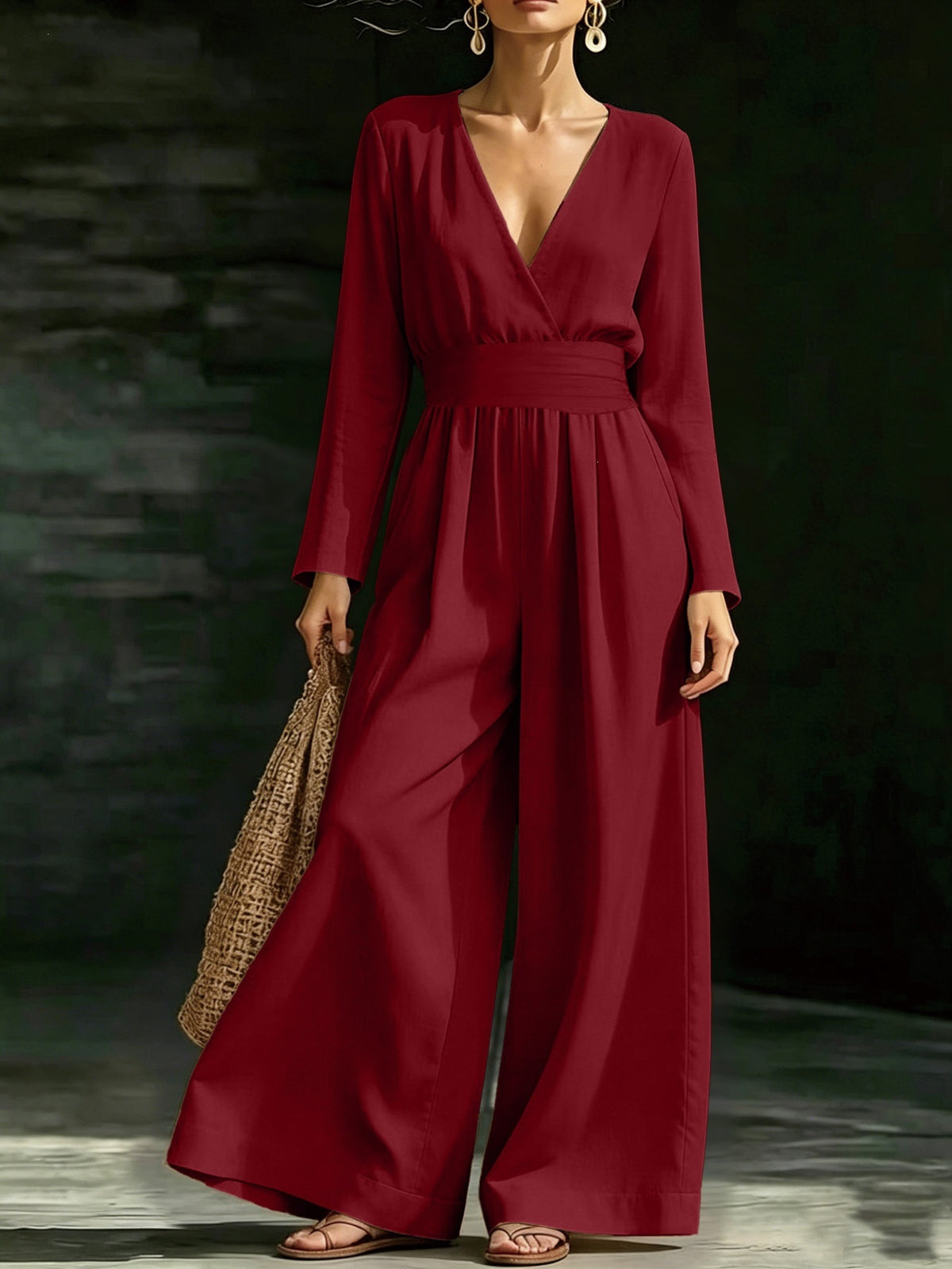 Elegant Long-Sleeve V-Neck Knit Jumpsuit for Women