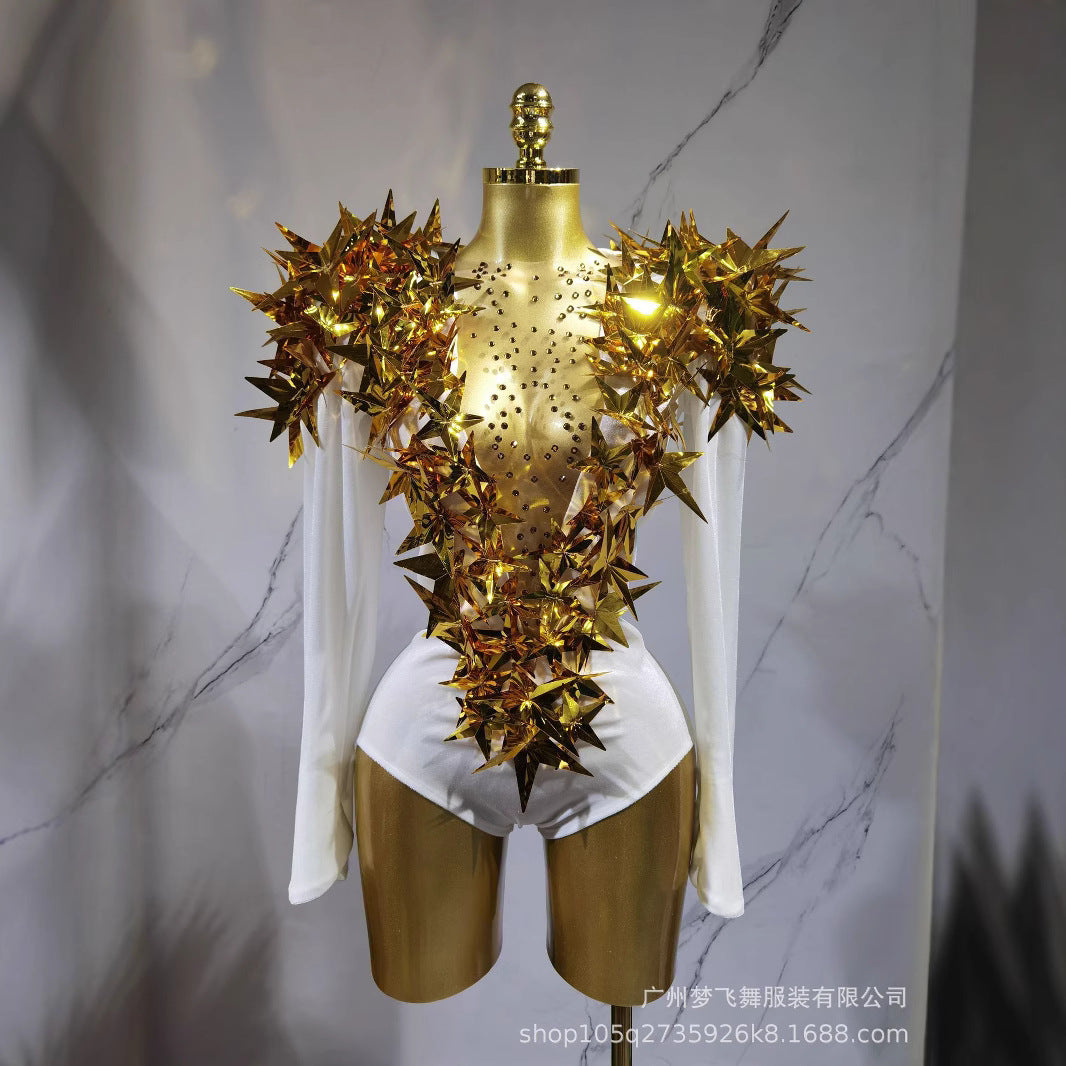 Golden Star Padded Shoulder Jumpsuit Statement Stage Outfit