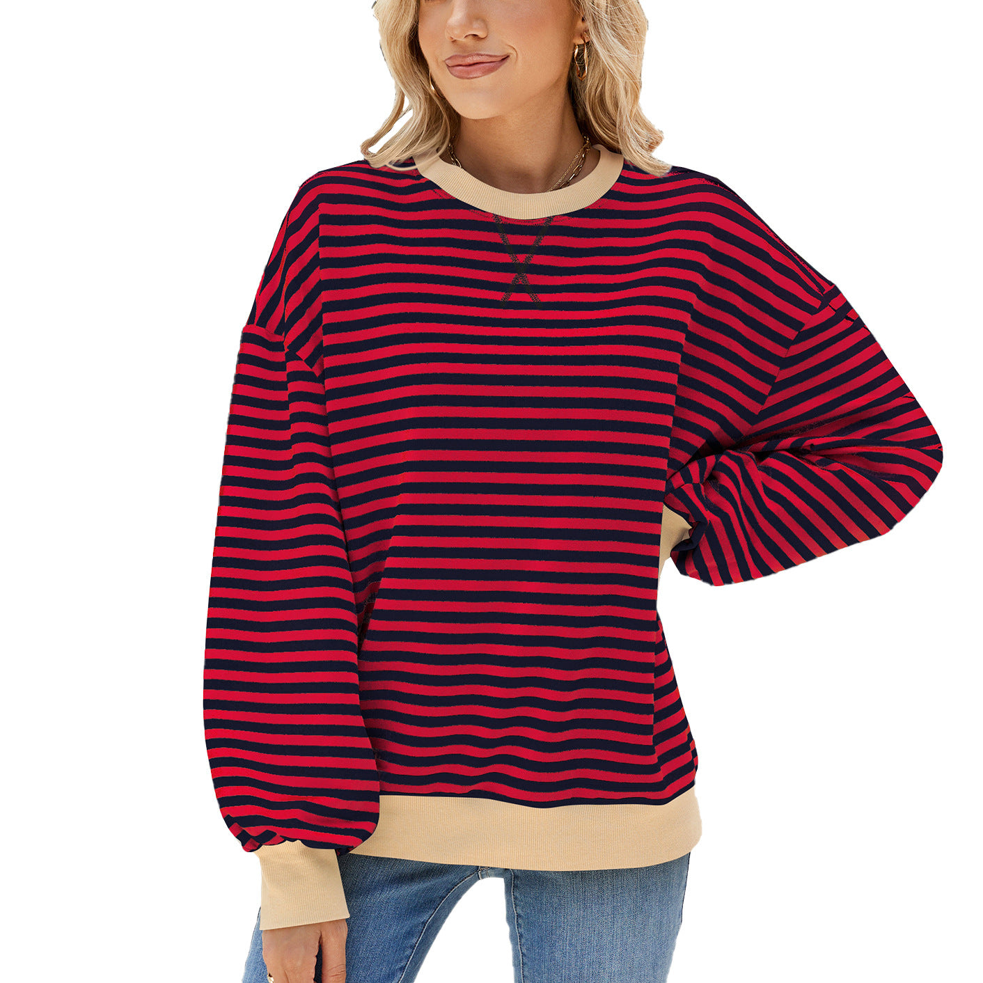 Women's Striped Round Neck Loose Long Sleeve Sweatshirt