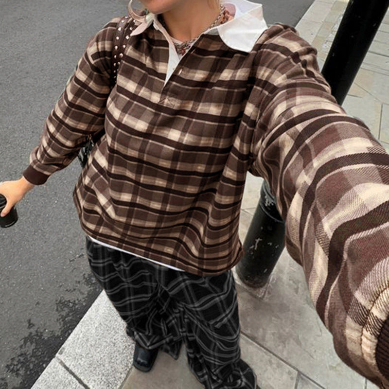 Retro Contrast Check Pullover Streetwear Sweater