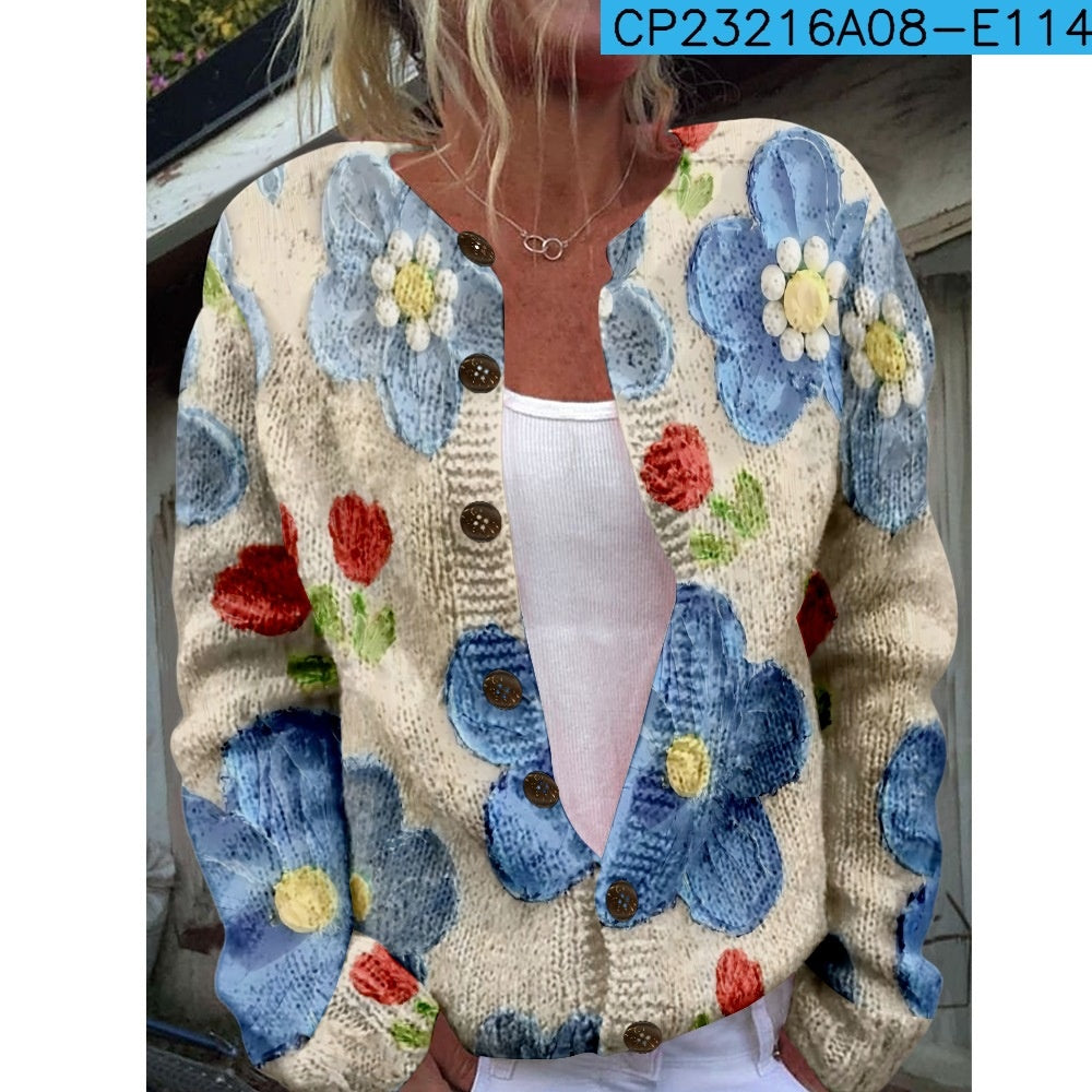 New Women's Autumn and Winter Style Loose 3d Printed Knitted Cardigan Sweater