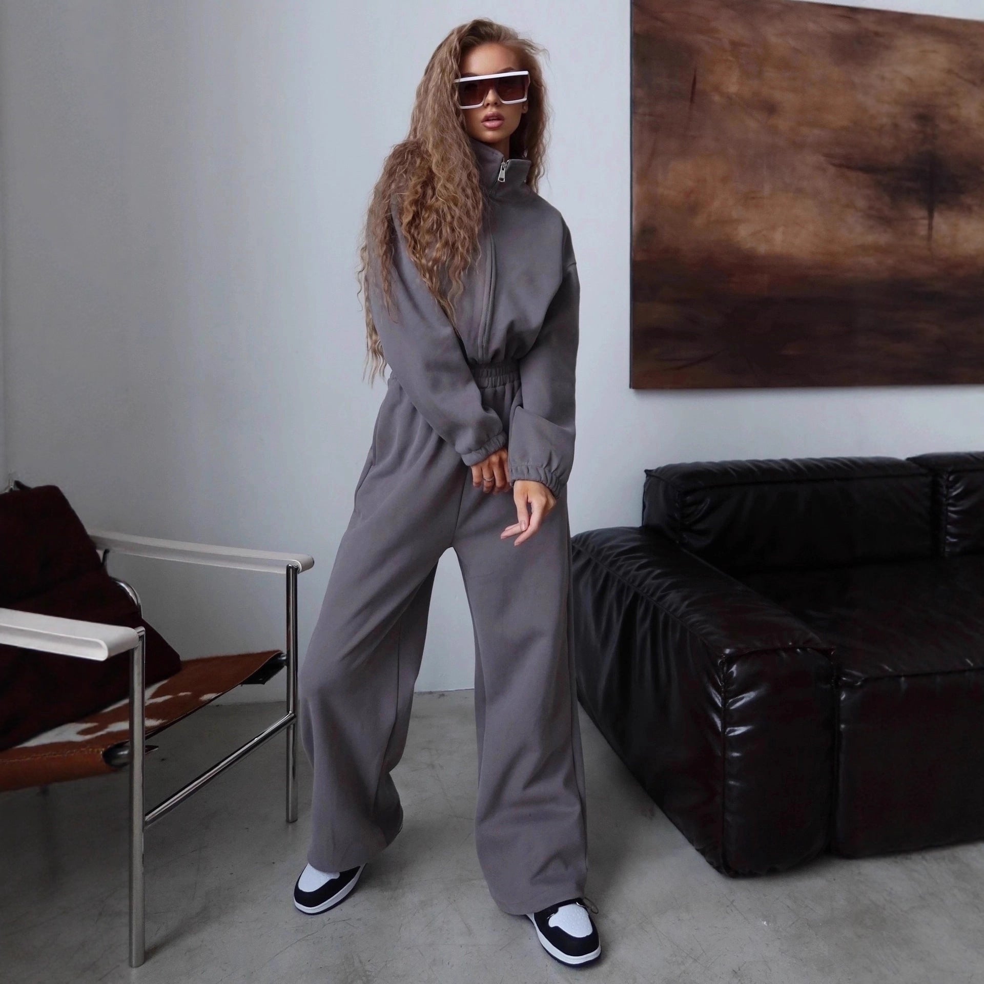 Women's Long-Sleeve Zip-Front Collared Jumpsuit