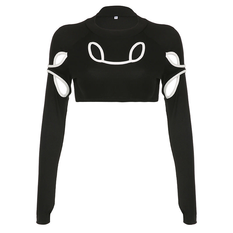 Women's Contrast Color Hollow Out Long Sleeve Crop Top