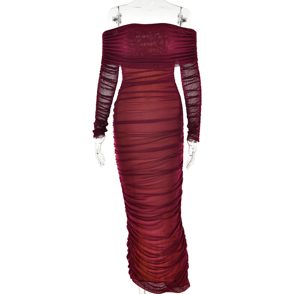 Mesh Off Shoulder Pleated Dress