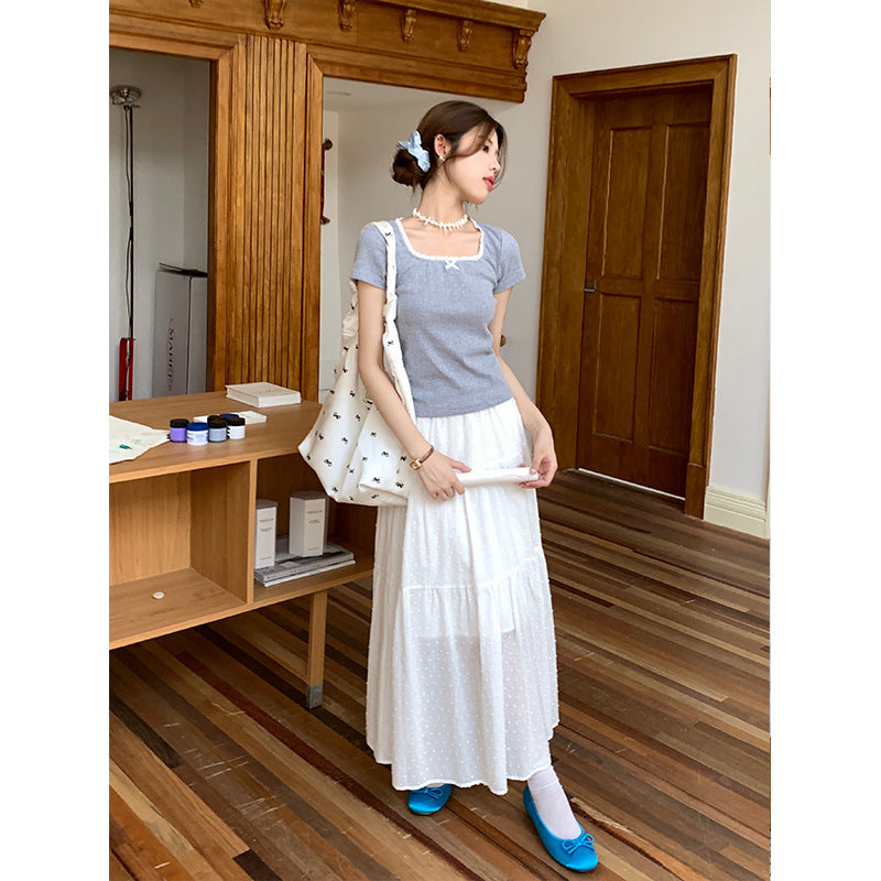 U Collar Lace Short-sleeved T-shirt Slim-fit Floral Top