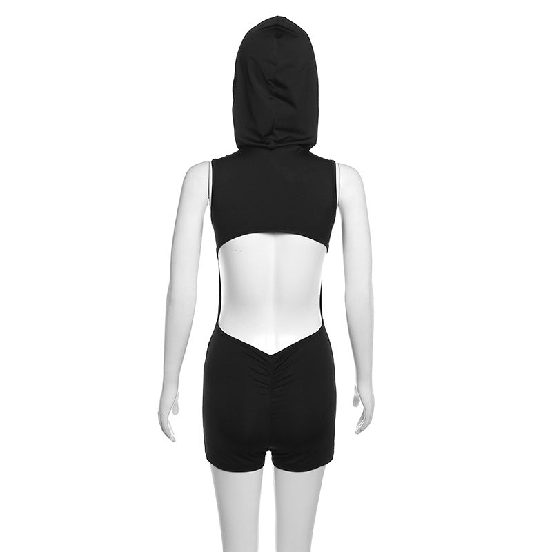 Women's Hooded Hollow-Out Slim High-Waist Romper Shorts