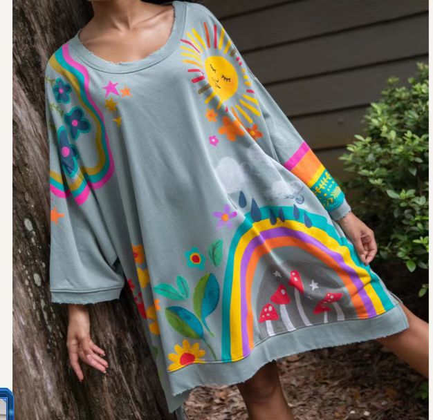 Cozy Rainbow Printed Oversized Crew Neck Sweatshirt