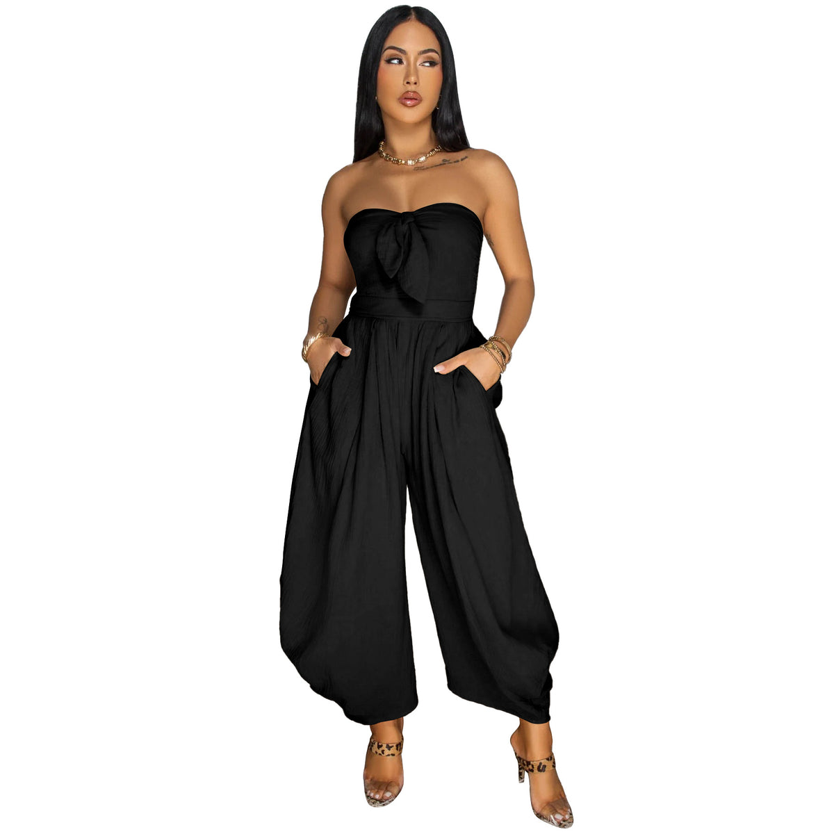 Women's Solid Chest Wrap Casual Loose Jumpsuit