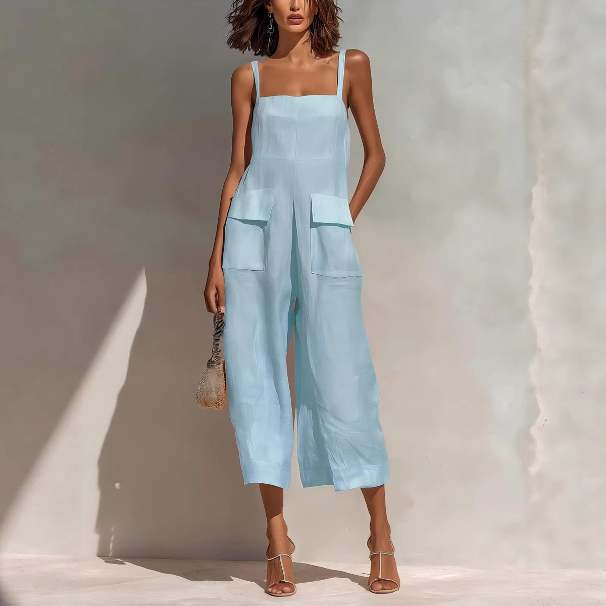 Women's Cotton-Linen Sleeveless Wide-Leg Jumpsuit