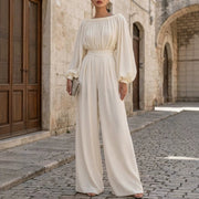 One-shoulder Puff-sleeve Waist-cinching Wide-leg Jumpsuit
