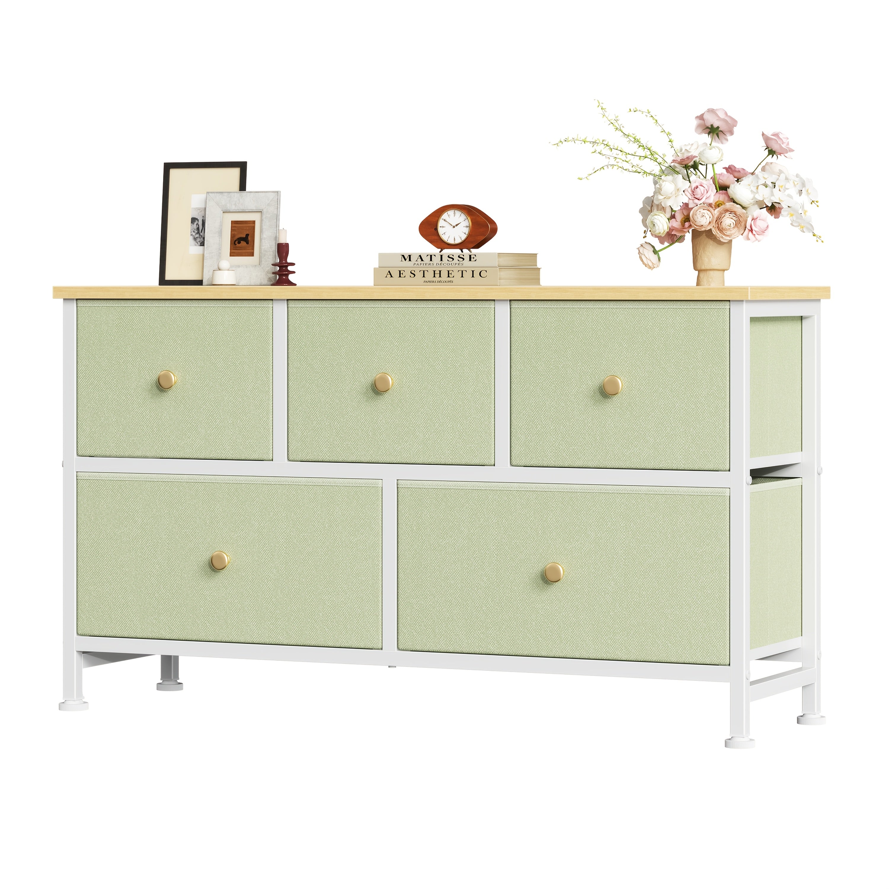 5‑Drawer Wide Freestanding Wood Dresser with Fabric Bins – Low‑Profile, Space‑Saving Chest for Bedroom, Living Room & Hallway (Khaki/Green)
