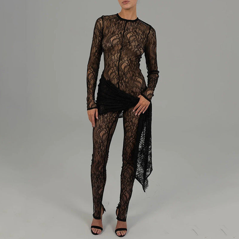 Chic Lace-Up Mesh Sheer Jumpsuit