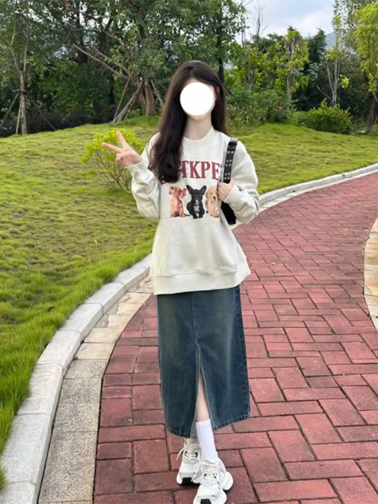 Retro Cartoon Puppy Gray Pullover Sweater
