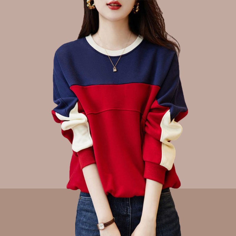 Stitching Contrast Color Round Neck Fashionable Sweater Loose