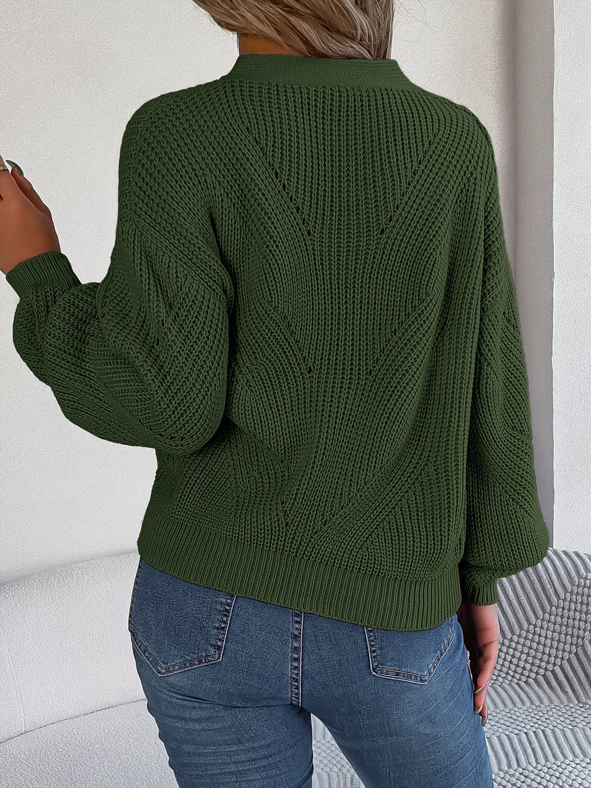 Women Hollow Out V-neck Button Lantern Sleeve Pullover Sweater