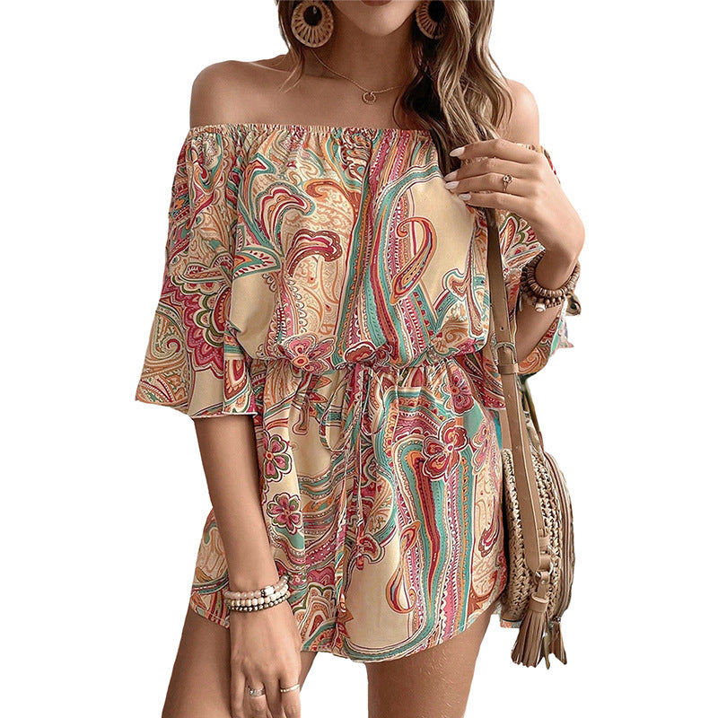 Printed Off-Shoulder Cinched Waist Short Jumpsuit For Women