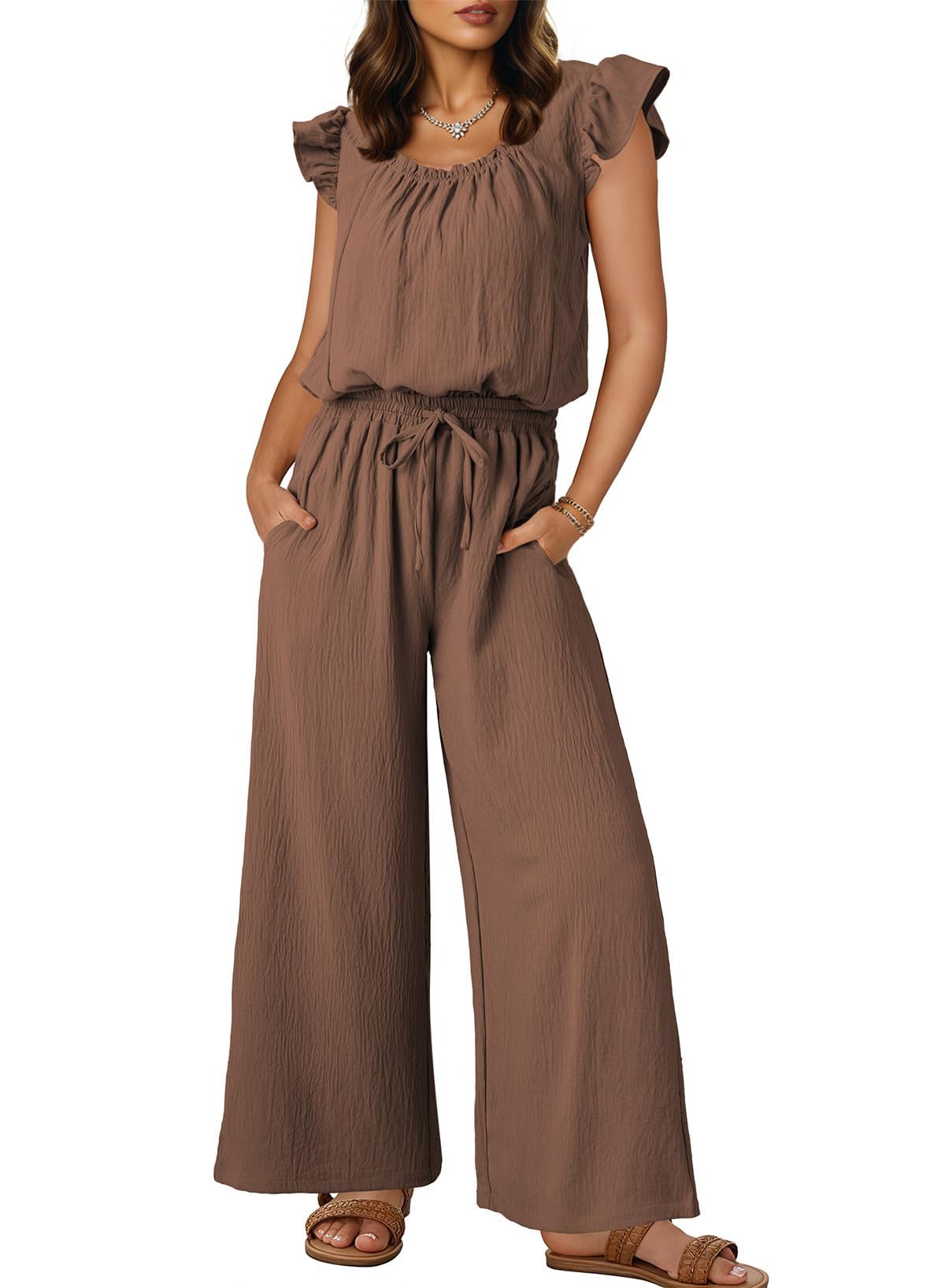 Solid-color Sleeveless Ruffle-sleeve One-piece Jumpsuit For Women