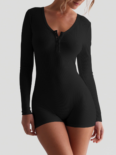 Solid Ribbed U Neck Breasted Tight Exercise Yoga Jumpsuit