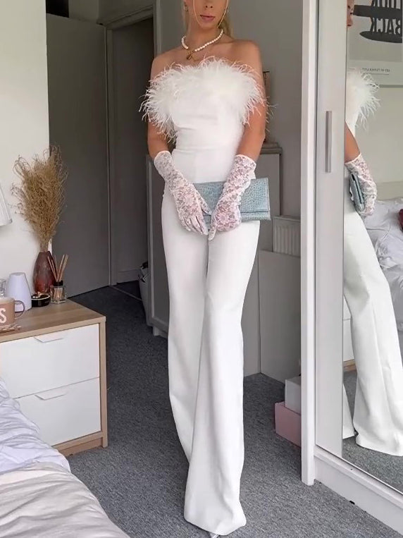 Elegant White Off-Shoulder Feather Jumpsuit