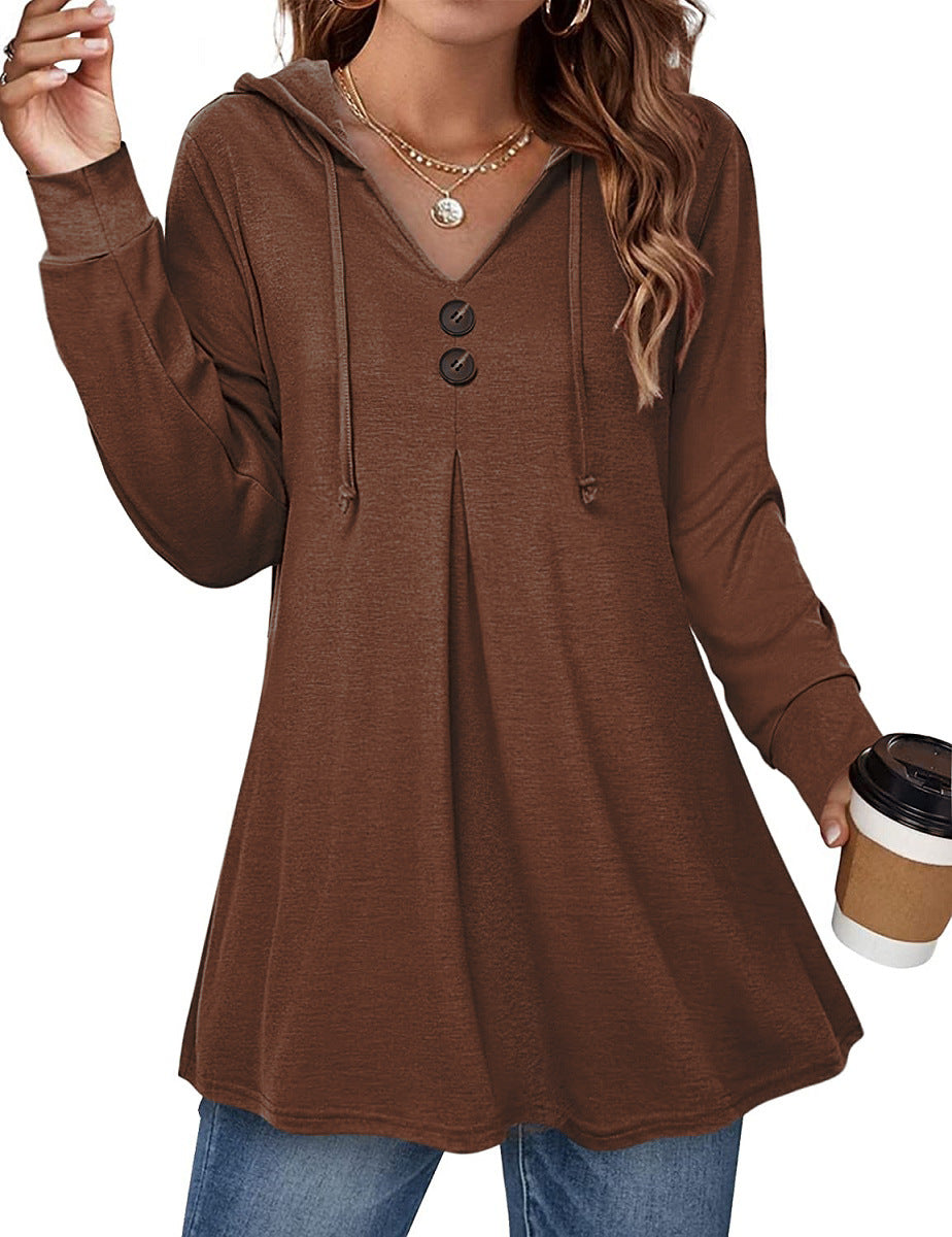 Women's V-Neck Long Sleeve Casual Hooded Pullover Sweater