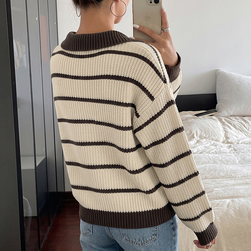 Womens Knitted Top Long-sleeve Striped Sweater