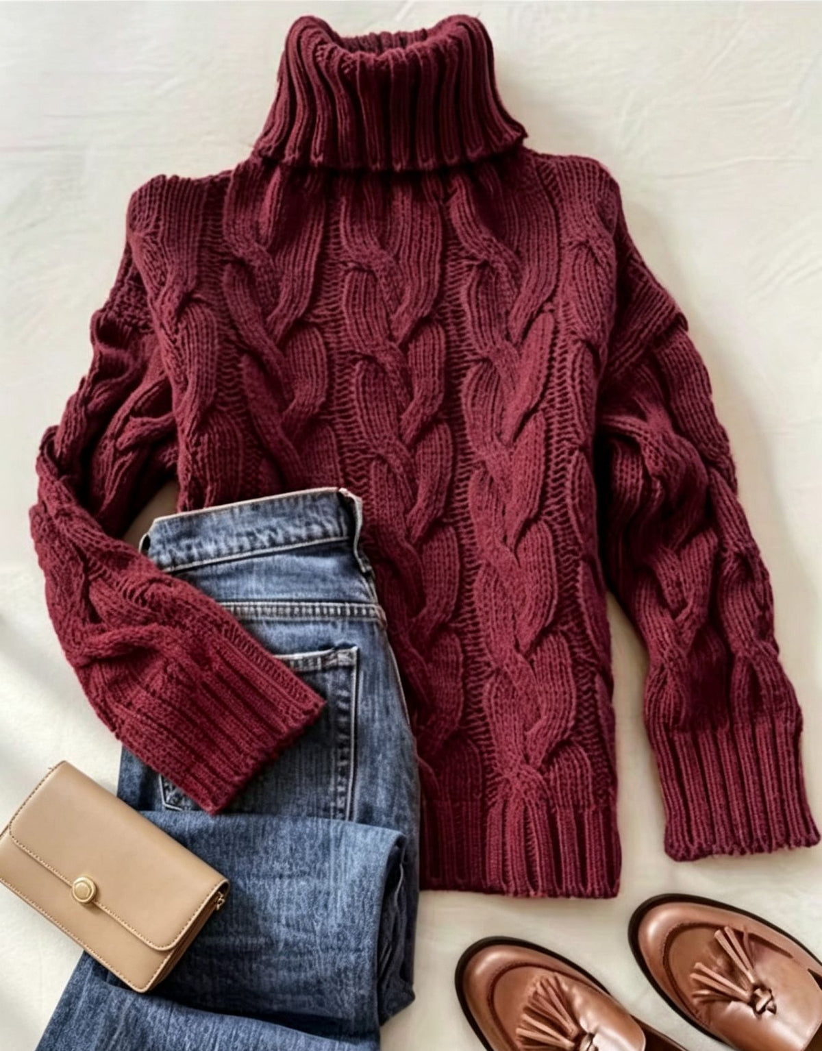 Comfortable Turtleneck Long-sleeve Sweater with a Cable-knit Pattern
