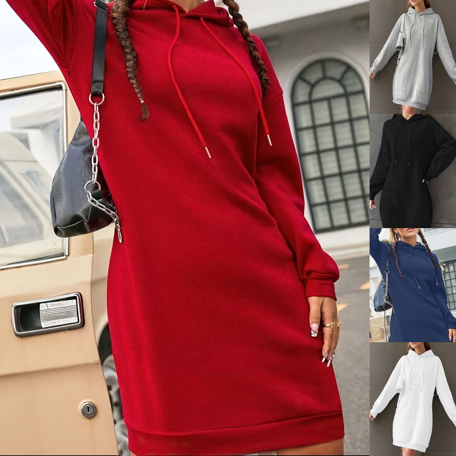 Women's Cozy Fleece-Lined Casual Hooded Sweatshirt Dress