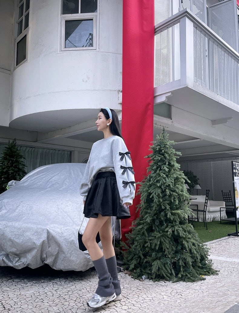 Women's Casual Loose Bow Knit Sweater with Lantern Sleeves