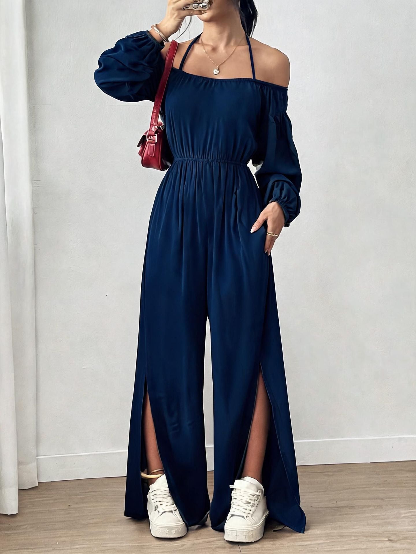 Women's Casual Strapless Slit Wide-Leg Jumpsuit