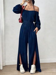 Women's Casual Strapless Slit Wide-Leg Jumpsuit