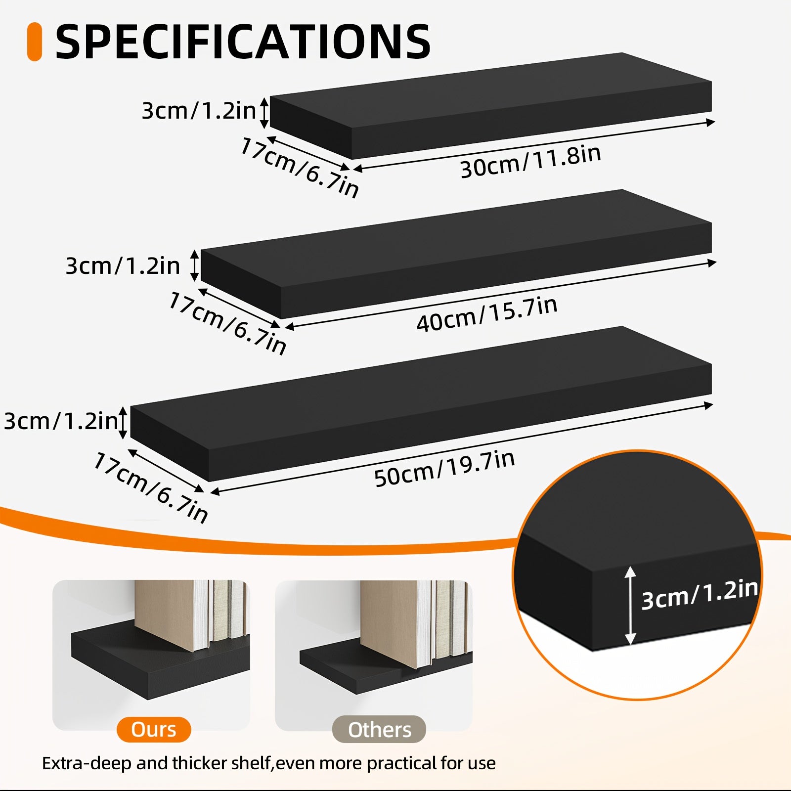 Set of wooden floating shelves for wall-mounted storage