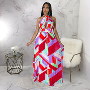 Halterneck Backless Pleated Maxi Dress Printed Sleeveless Gown