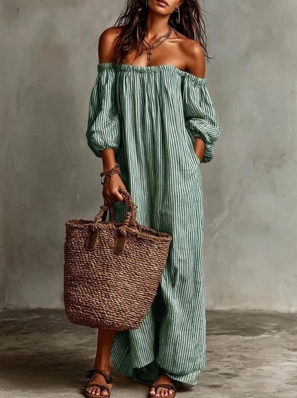 Women's Casual Loose-fit Off-shoulder Striped Dress