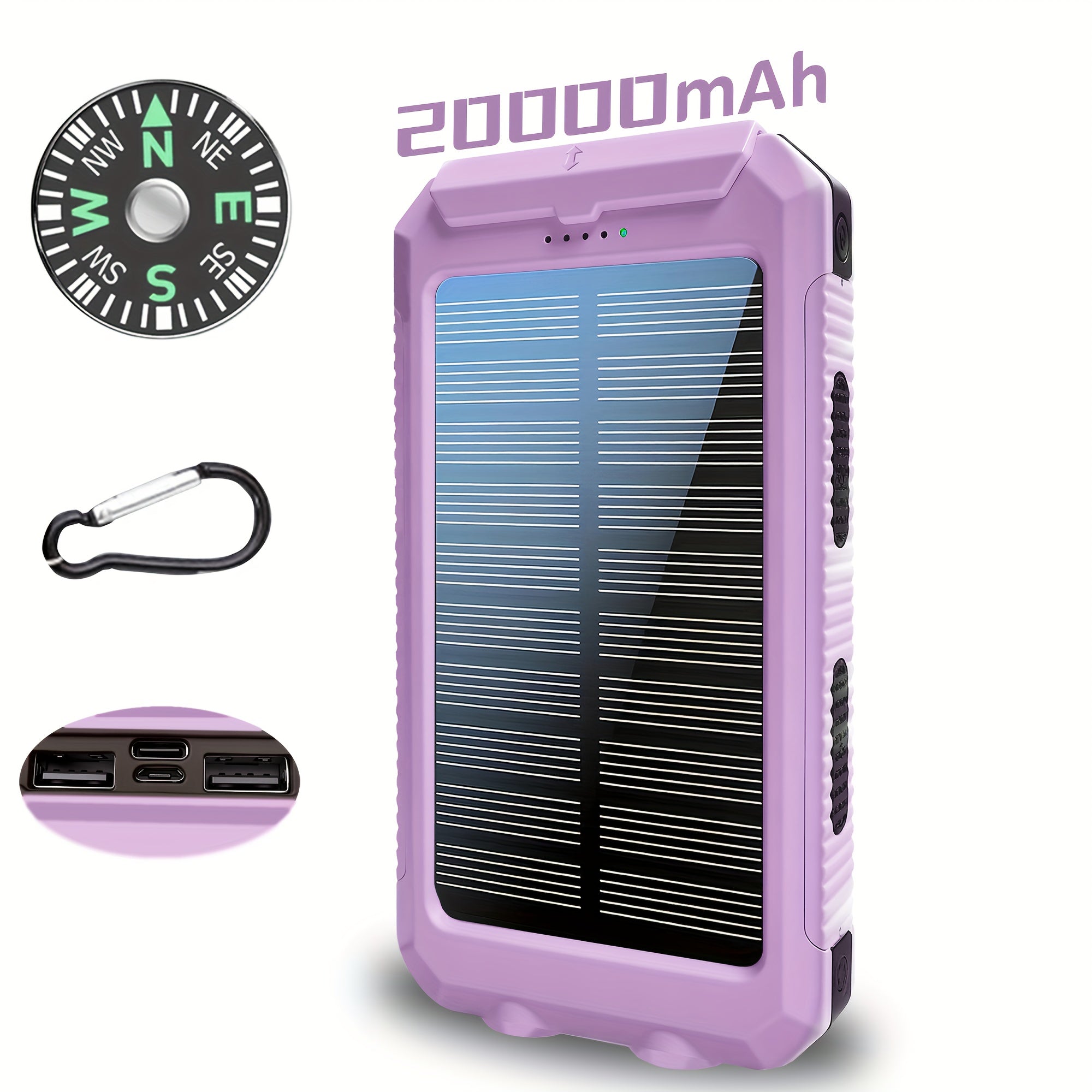 20,000mAh Solar Power Bank with Dual USB Ports and Built-in Flashlight