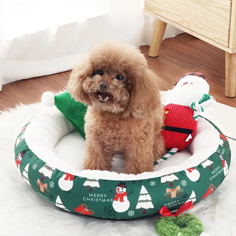 Christmas Dog Bed With Plush Polyester Fiber - All-season Warmth & Winter Cozy Round Pet Mat, Red & Green Snowflake Design With Piping, Soft Cushioned Sleeping Pad For Small/medium Dogs, Durable