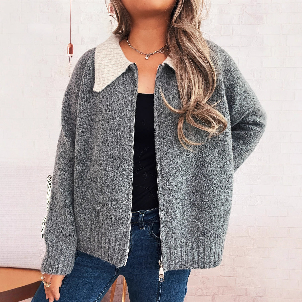 Cute Doll Collar Contrast Color Long Sleeves Zipper Casual Sweater